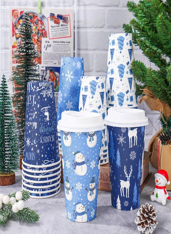 JarThenaAMCS 60Pcs Christmas Coffee Cups with Lids 16oz Blue Snowflake Xmas Tree Snowman Paper Cups Winter Disposable To Go Coffee Cup for Cafes Shops Cappuccino Chocolate Beverage Cocoa - Image 4